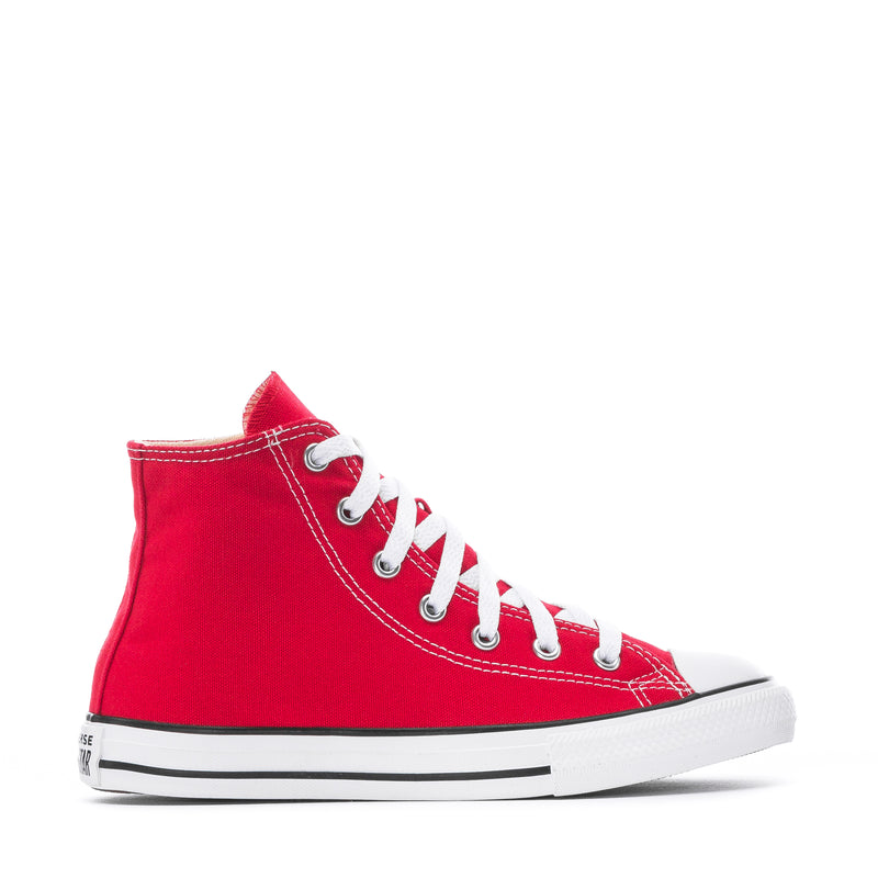 Red kids high-top Converse Chuck Taylor sneaker with white laces and rubber toe cap