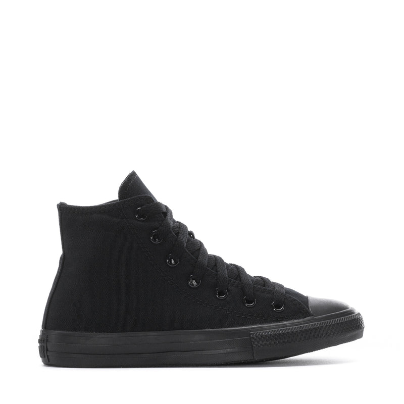 Kids black high-top Chuck Taylor All Star with lace-up canvas and rubber toe cap