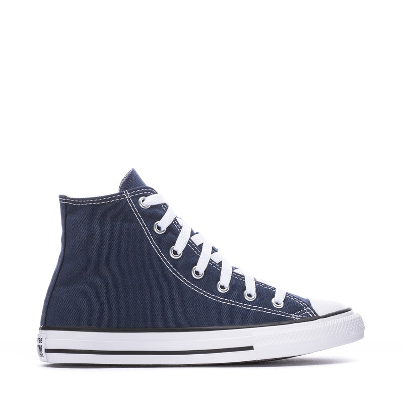 Kids navy high-top canvas sneakers with white laces and rubber toe cap