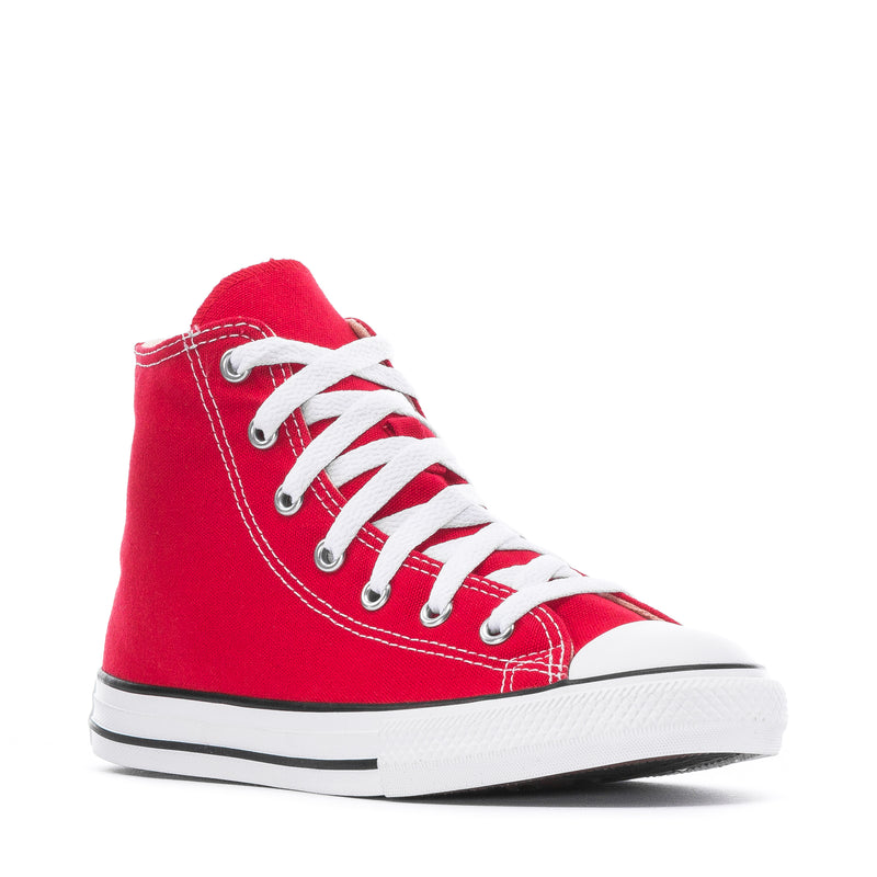 Red kids high-top Converse lace-up sneaker with white laces and striped rubber sole
