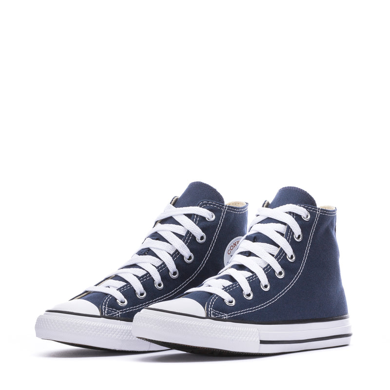 Pair of kids navy high-top sneakers with white laces and striped rubber sole