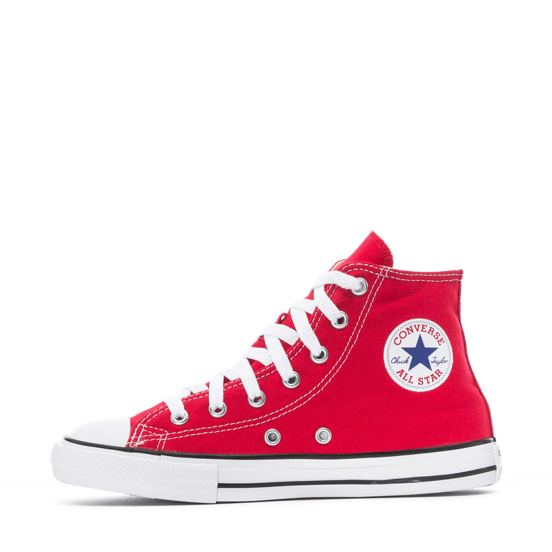 Red kids high-top Converse All Star sneaker with circular logo patch on side