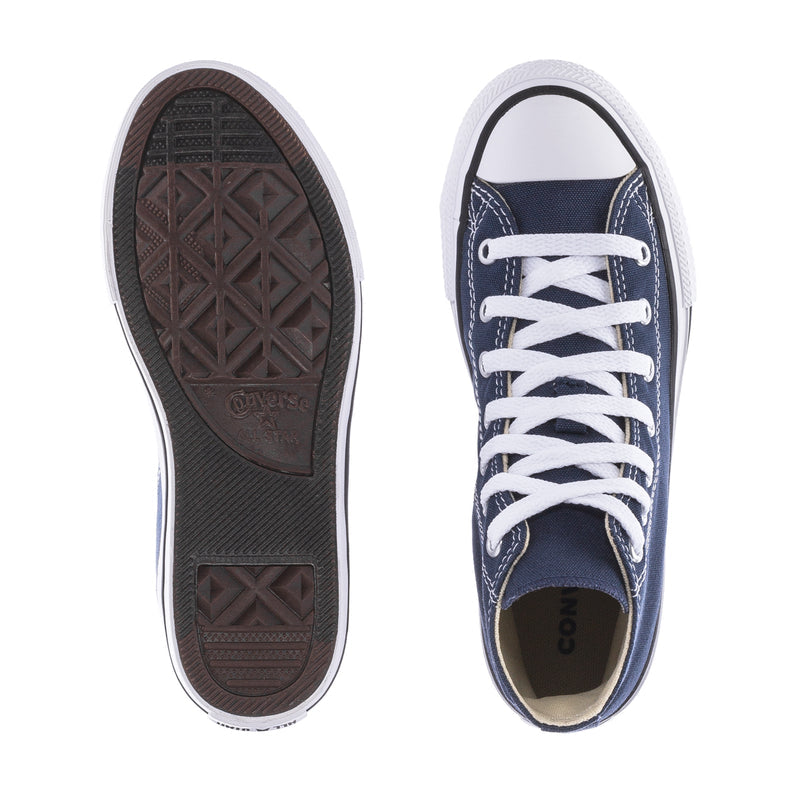Kids navy high-top sneaker soles, with textured tread and white rubber sidewall