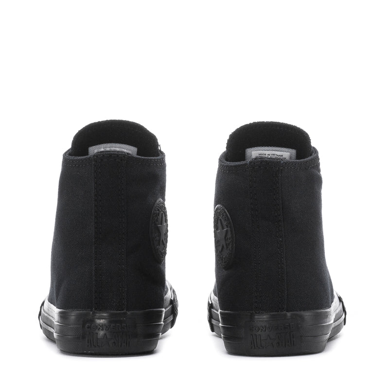 Kids black Chuck Taylor All Star high-top sneakers with heel and rear view