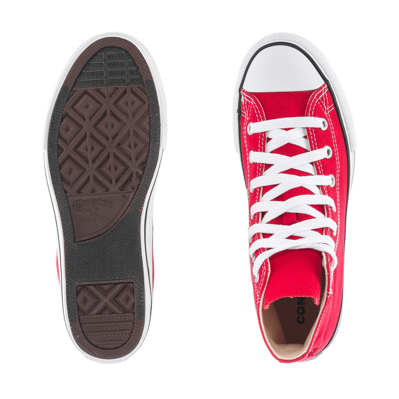 Converse kids sneaker outsole view with red canvas upper and white lace-up top