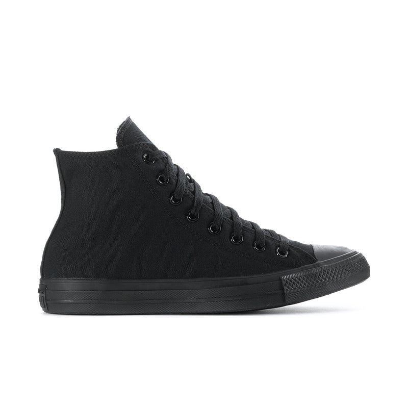 Black high-top canvas sneaker angled view with low-profile rubber sole