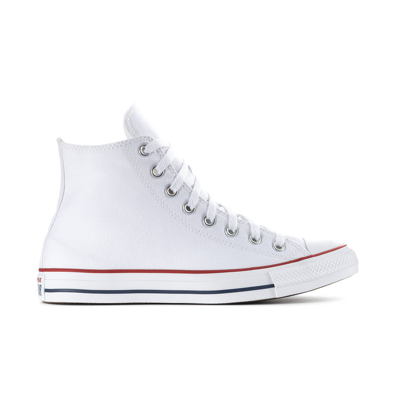 Optical white high-top sneaker with lace-up eyelets and red/blue stripe sole