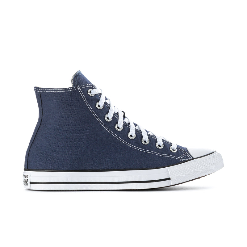 Men's navy high-top canvas sneaker with white laces and rubber toe cap