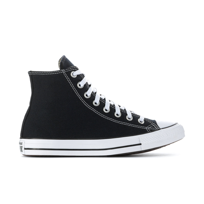 Men's black high-top sneakers with white laces, eyelets, and striped midsole