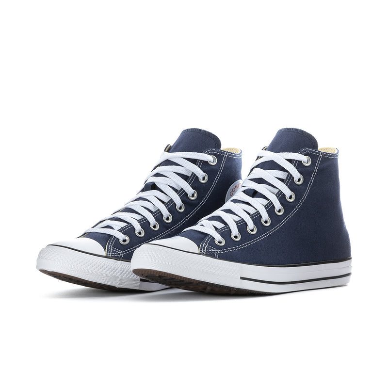 Men's navy high-top canvas sneakers with white laces and black-and-white sole