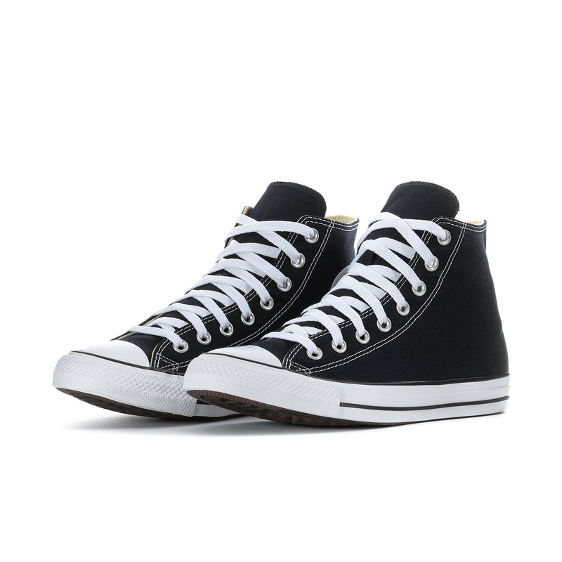 Pair of men's black high-top sneakers with white laces and white rubber midsoles
