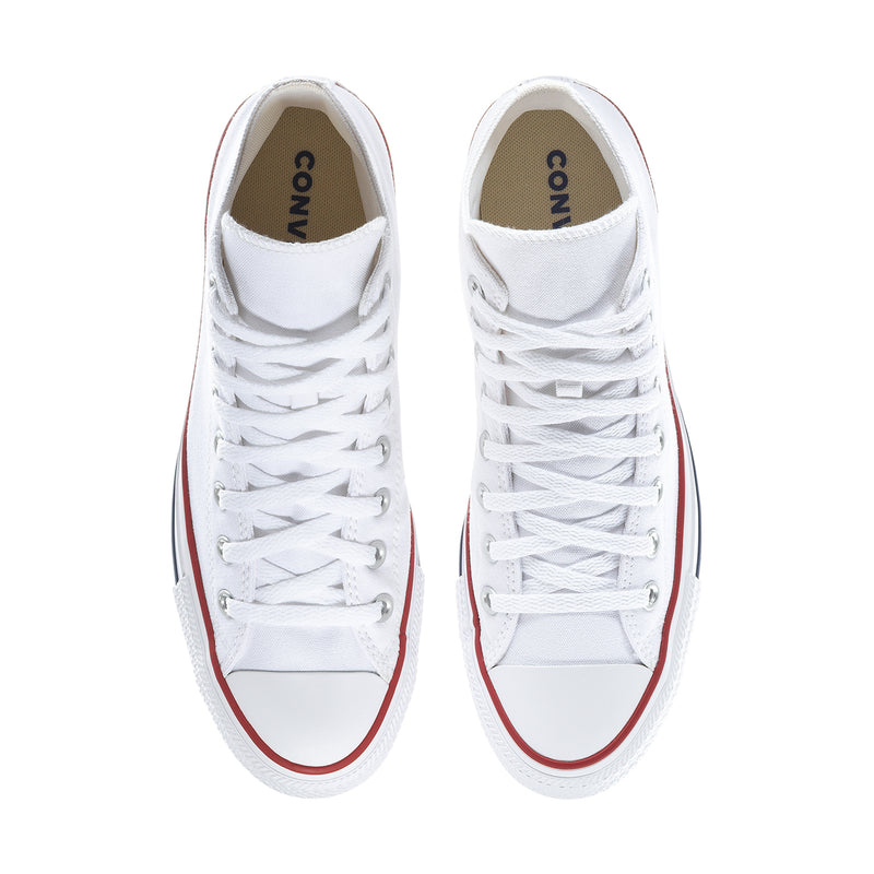 Optical white high-top sneakers viewed from above with white laces and interior branding