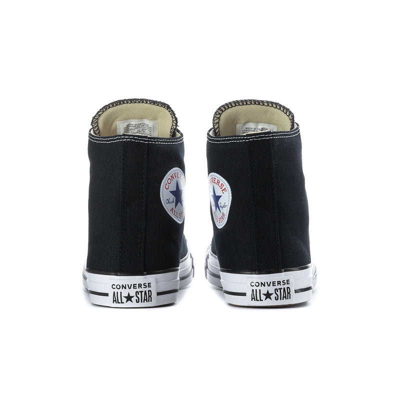Men's black high-top sneakers, back view with heel branding and white midsole
