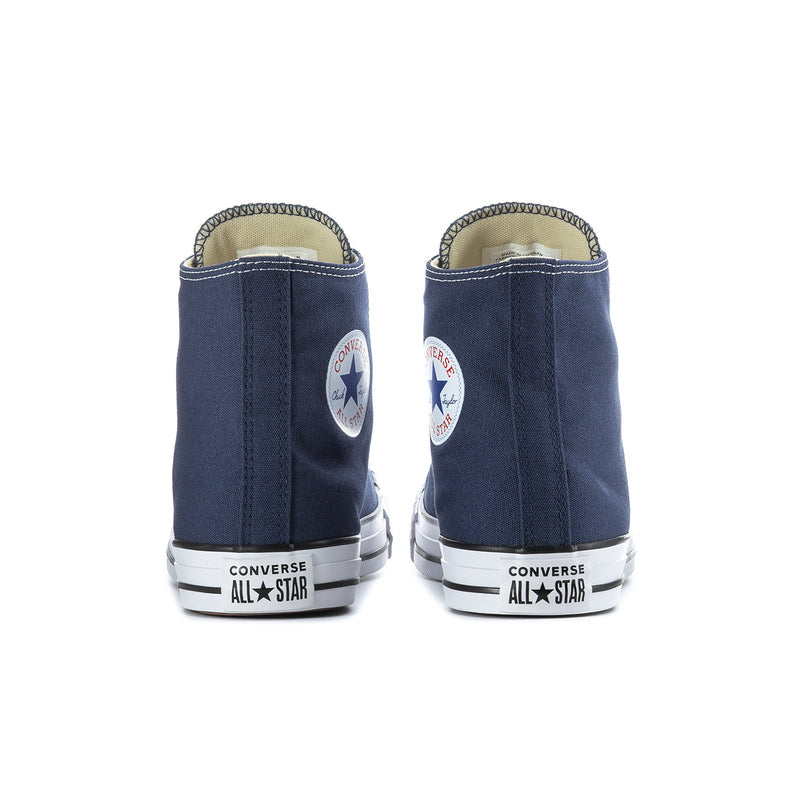 Men's navy high-top canvas sneakers with Converse All Star heel logo and white rubber sole
