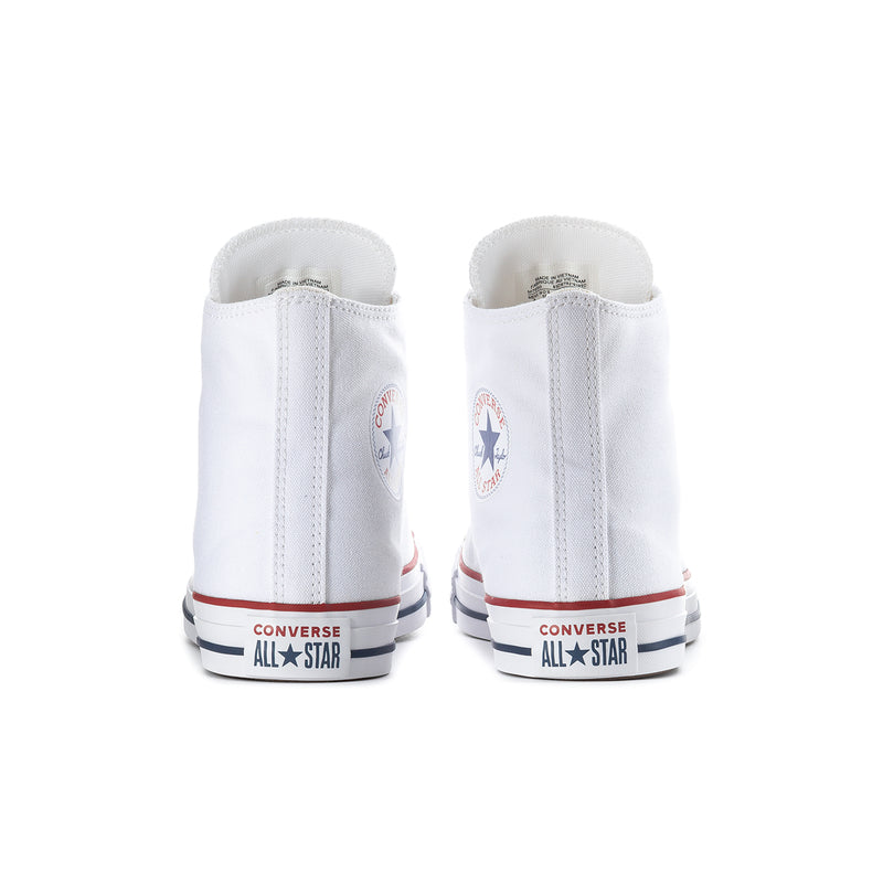 White high-top canvas sneakers with red/blue Converse All Star ankle trim