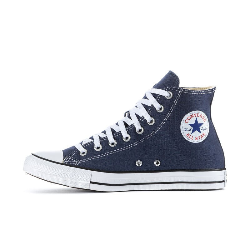 Men's navy high-top canvas sneaker with white laces and Converse All Star side patch