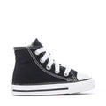 Toddler black high-top sneakers with white laces and contrast white rubber toe cap