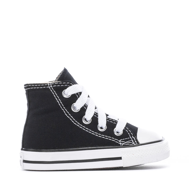 Toddler black high-top sneakers with white laces and contrast white rubber toe cap