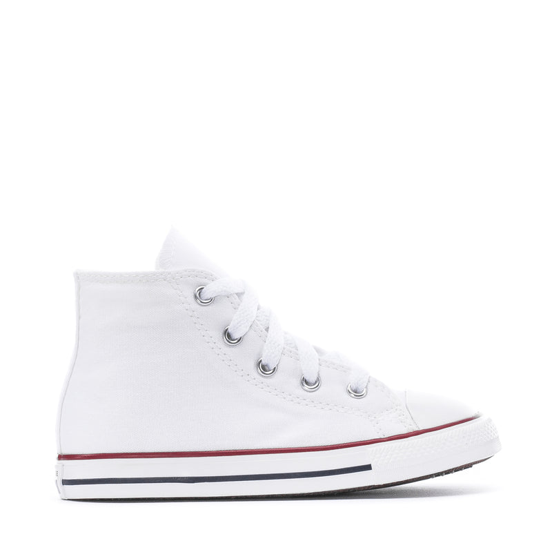 Optical white toddler high-top sneaker, white laces and stitched eyelets with side stripe