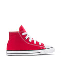 Toddler red high-top canvas sneakers with white laces and rubber toe cap