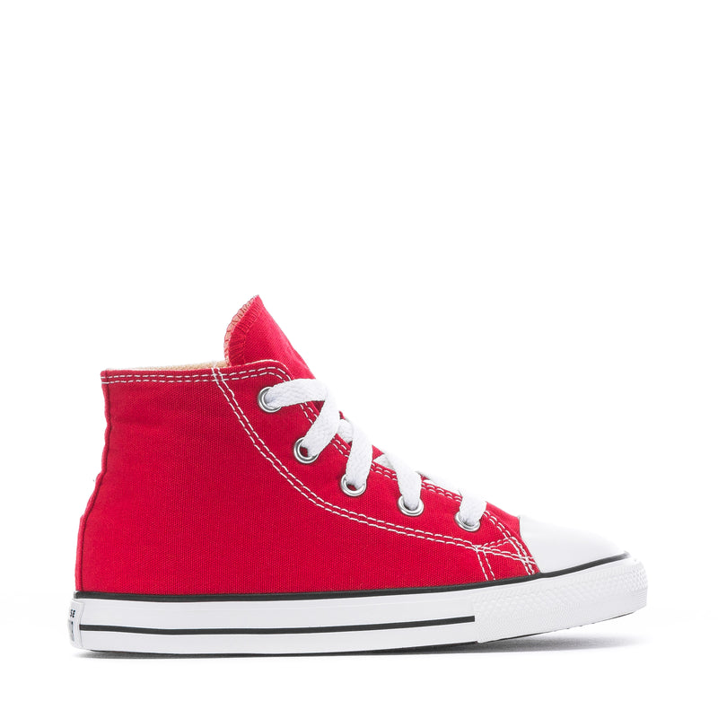 Toddler red high-top canvas sneakers with white laces and rubber toe cap