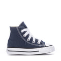 Navy toddler high-top canvas sneaker with white laces and rubber toe cap