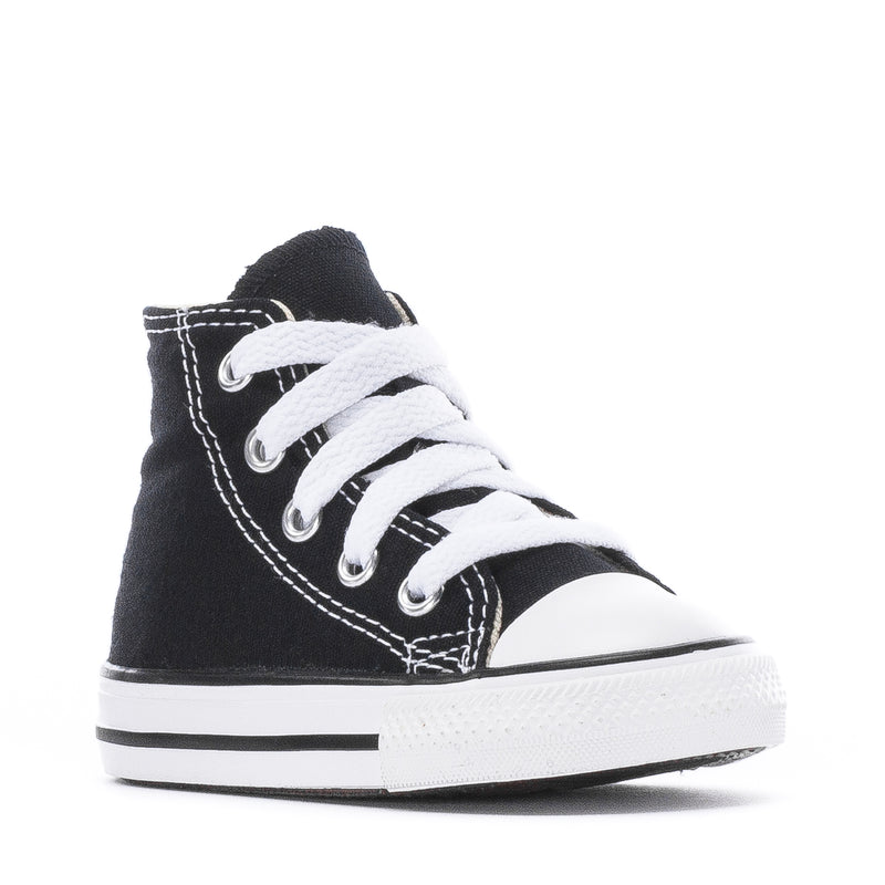 Toddler black high-top sneakers with white laces and white midsole stripe