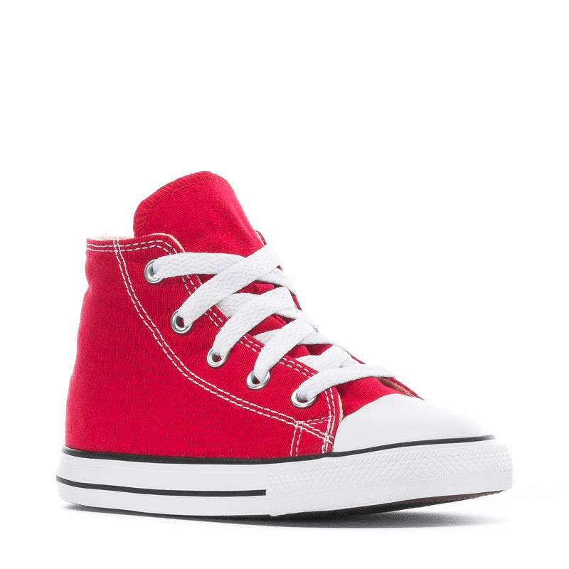 Toddler red high-top canvas sneakers with white laces and black-and-white midsole
