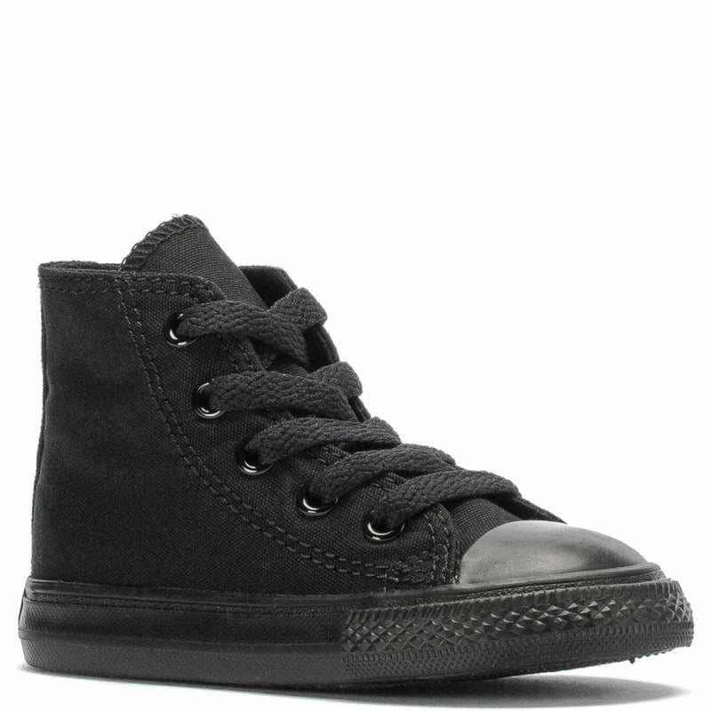 Toddler black high-top canvas sneaker with lace-up front and rubber toe cap
