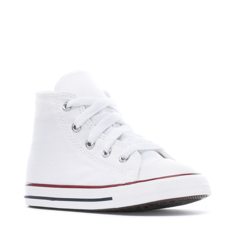 Optical white toddler high-top sneaker, lace-up canvas with rubber toe and red trim
