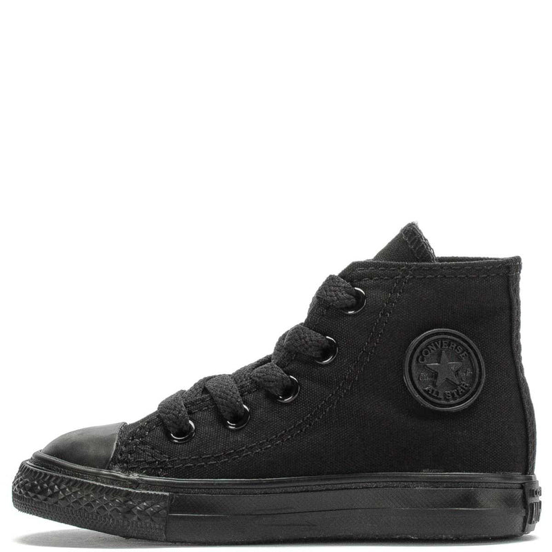 Toddler black high-top sneaker with lace-up front and Converse side patch
