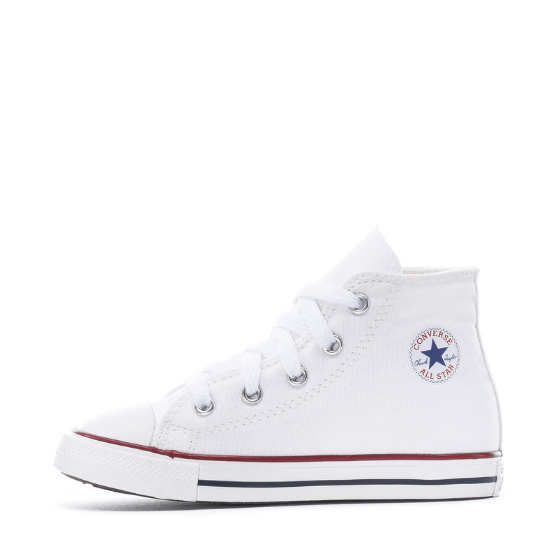 Optical white toddler high-top canvas sneakers, lace-up with red/black striped sole