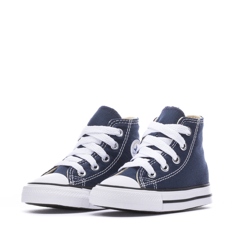 Pair of navy toddler high-top sneakers with white laces and white rubber soles