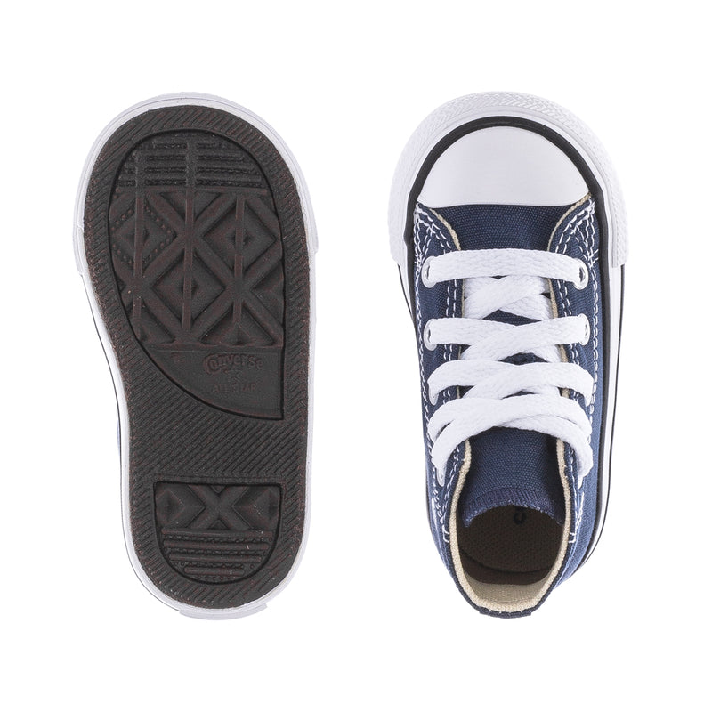 Navy toddler high-top sneaker bottom view with textured rubber sole tread