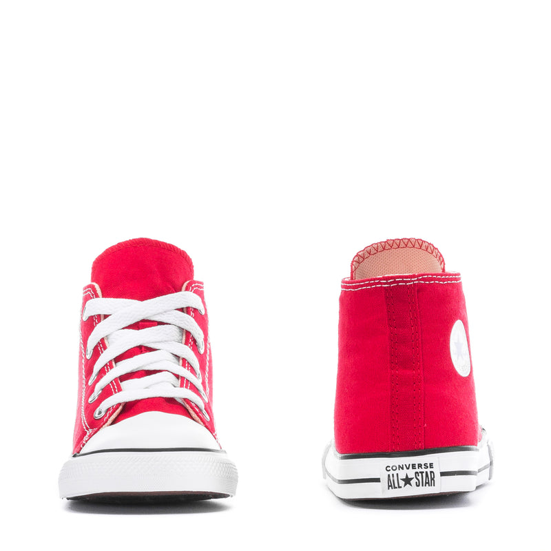 Toddler red high-top canvas sneakers with rear pull tab and Converse All Star heel logo