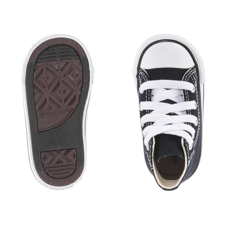 Toddler black high-top sneakers with white laces; visible textured rubber outsole