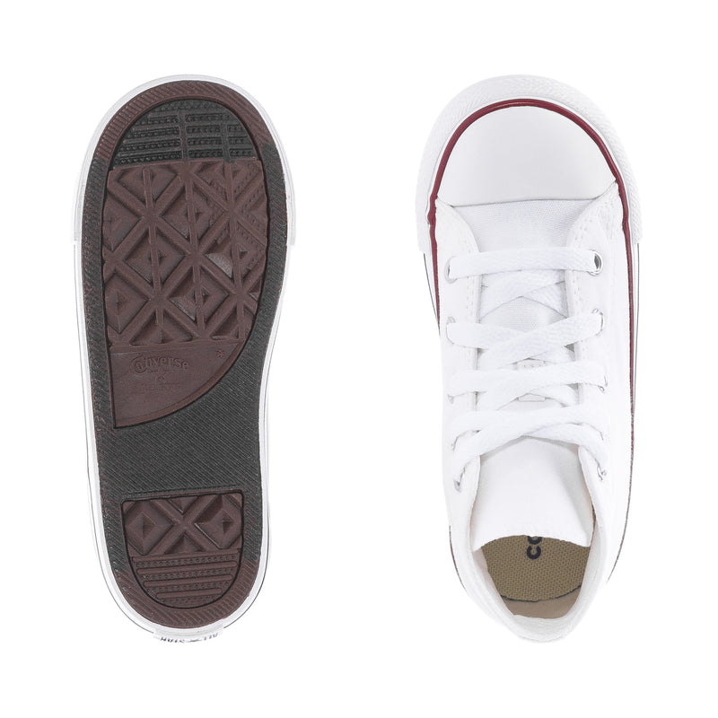 Optical white toddler high-top sneaker soles, rubber tread and white upper
