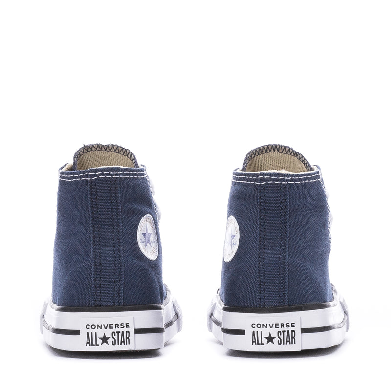 Back view of navy toddler high-top sneakers with Converse All Star heel logo