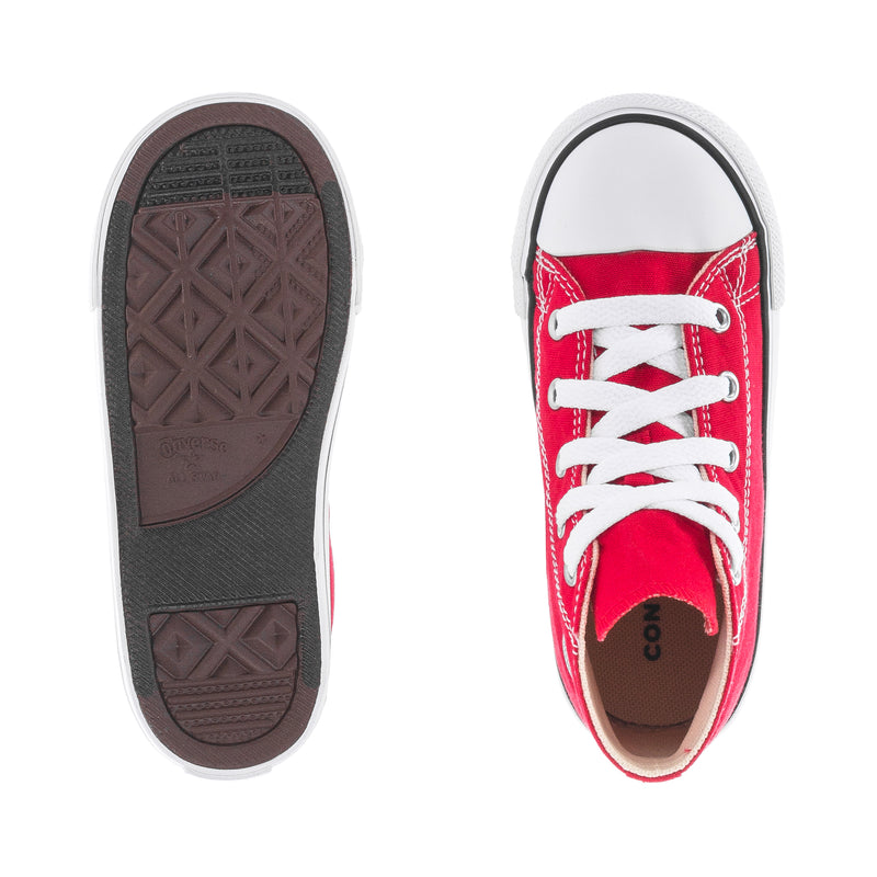 Toddler red high-top canvas sneakers showing outsole and interior insole