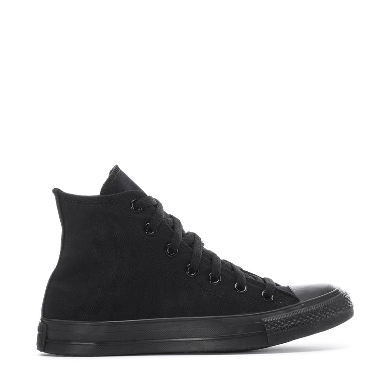 Youth black high-top sneaker in angled side view with lace-up front