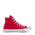 Youth red high-top canvas sneaker, side view with CONVERSE ALL STAR heel badge