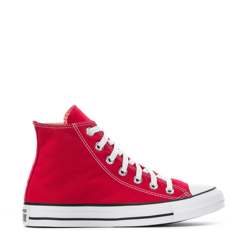 Youth red high-top canvas sneaker, side view with CONVERSE ALL STAR heel badge