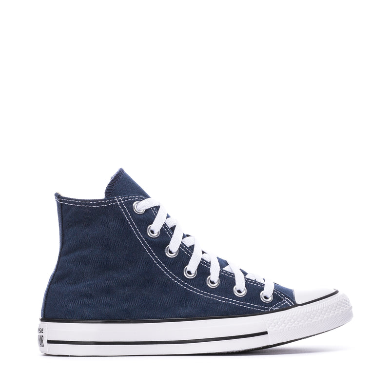 Youth navy canvas high-top sneakers with white laces and rubber toe cap