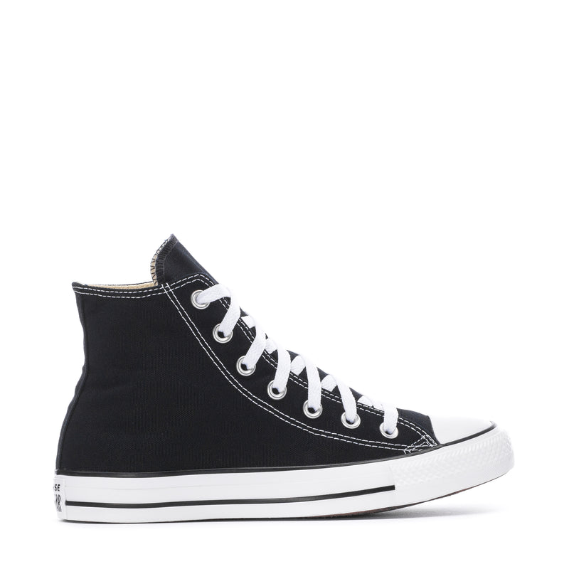 Youth black canvas high-top sneakers with white laces and white rubber midsole