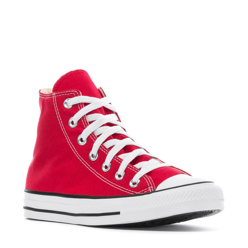 Youth red high-top canvas sneaker with white laces and black sole stripe detail