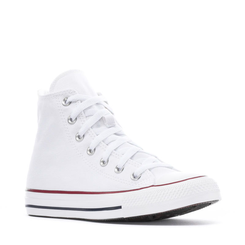 Youth high-top sneakers side view in Optical White canvas with red top line and dark sole