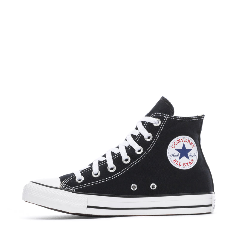 Youth black canvas high-top sneakers with white laces and Converse All Star side patch