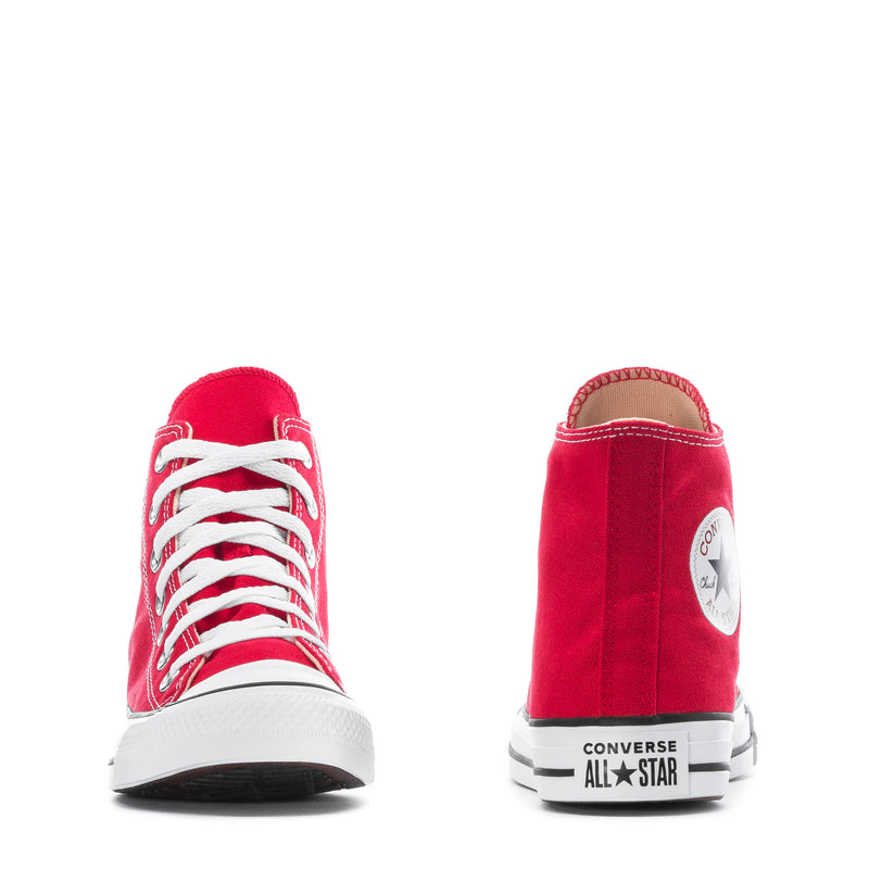 Youth red high-top canvas sneaker with white laces and white rubber toe cap