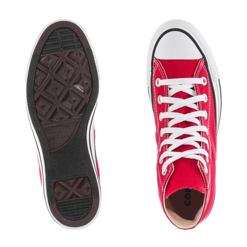 Youth red high-top canvas sneaker soles shown: tread outsole and white rubber toe