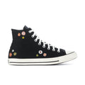 Black high-top canvas sneaker with colorful floral embroidery, lace-up front, white sole
